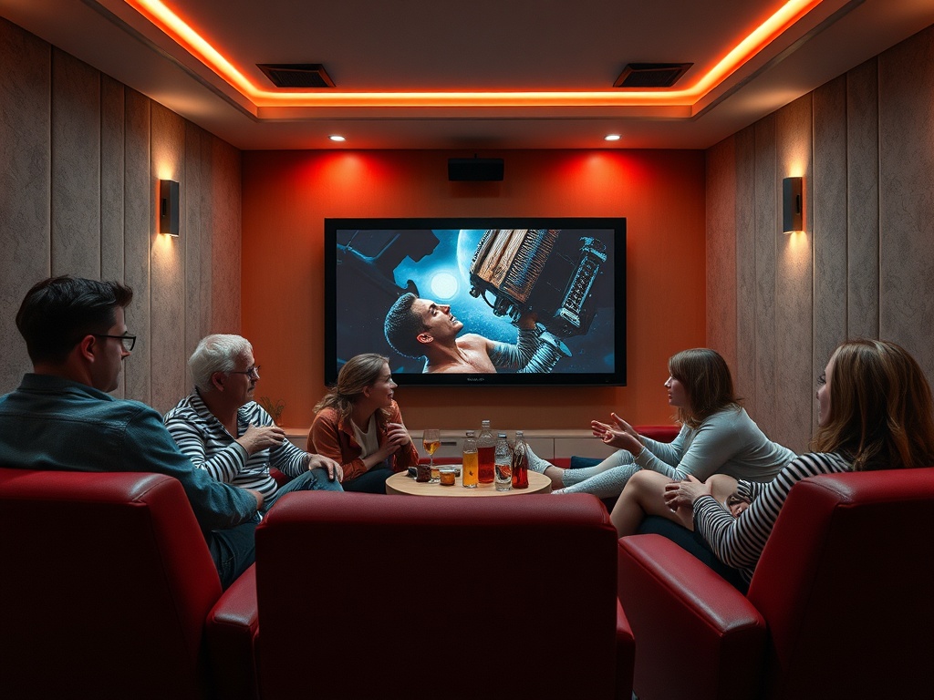 Компания друзей в уютном кинотеатре смотрит фильм, наслаждаясь напитками и общением.