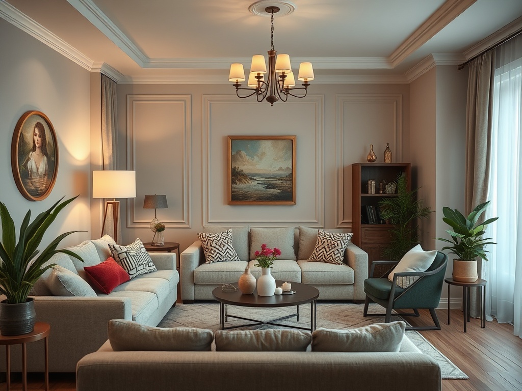 Современная гостиная с уютной мебелью, картинами и зелеными растениями в теплых тонах.