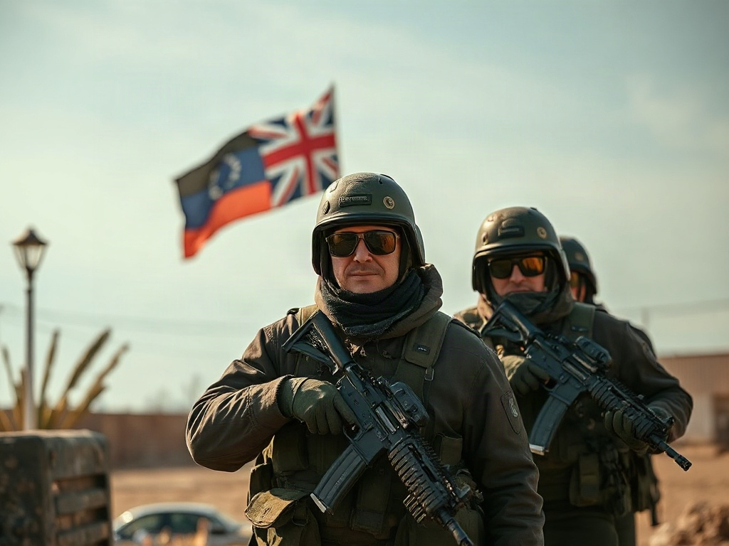 Группа вооружённых людей в военной форме, на фоне развивающегося флага.