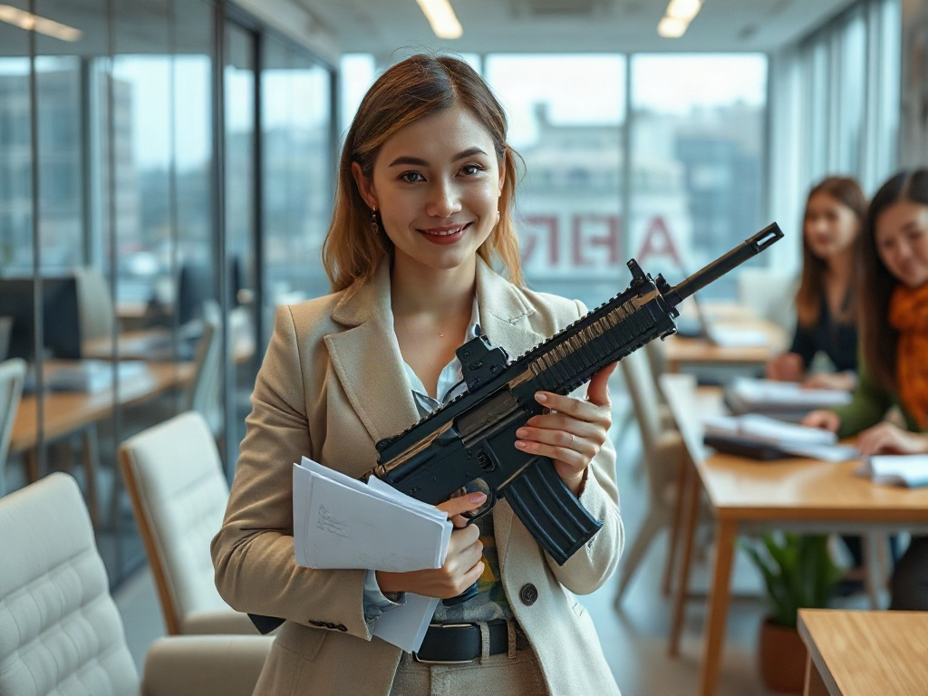 Женщина в офисе держит в руках оружие и бумаги, улыбается, на фоне других людей и окон.